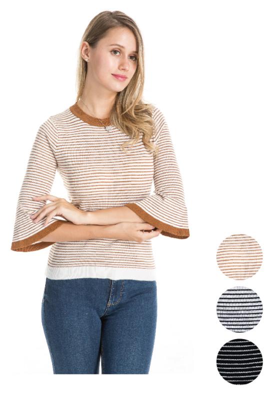 Women's Knit Tops w/ Bell Sleeves - Striped Prints image