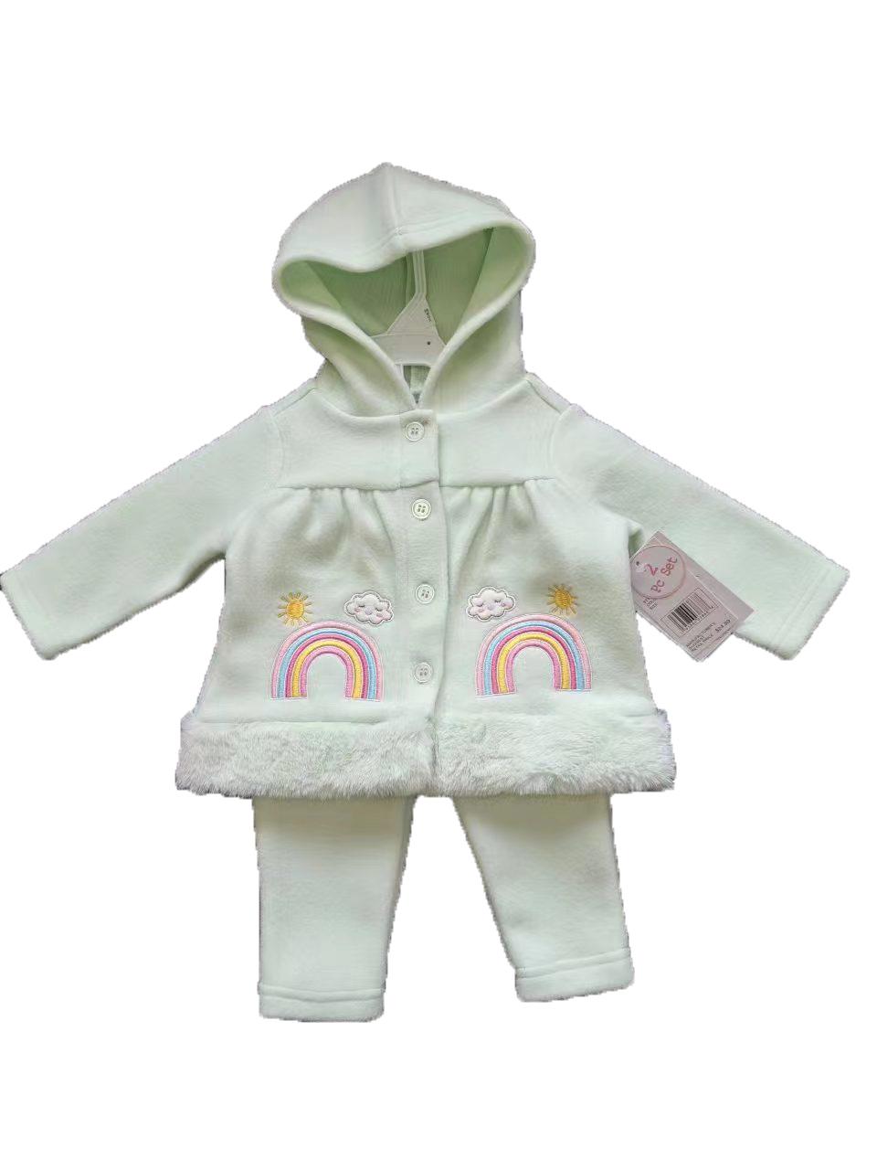 2-Piece Hooded Fleece Shirt & Pants w/ Applique Design Print & Sherpa Trim - 0-9M - Clouds & Rainbows image