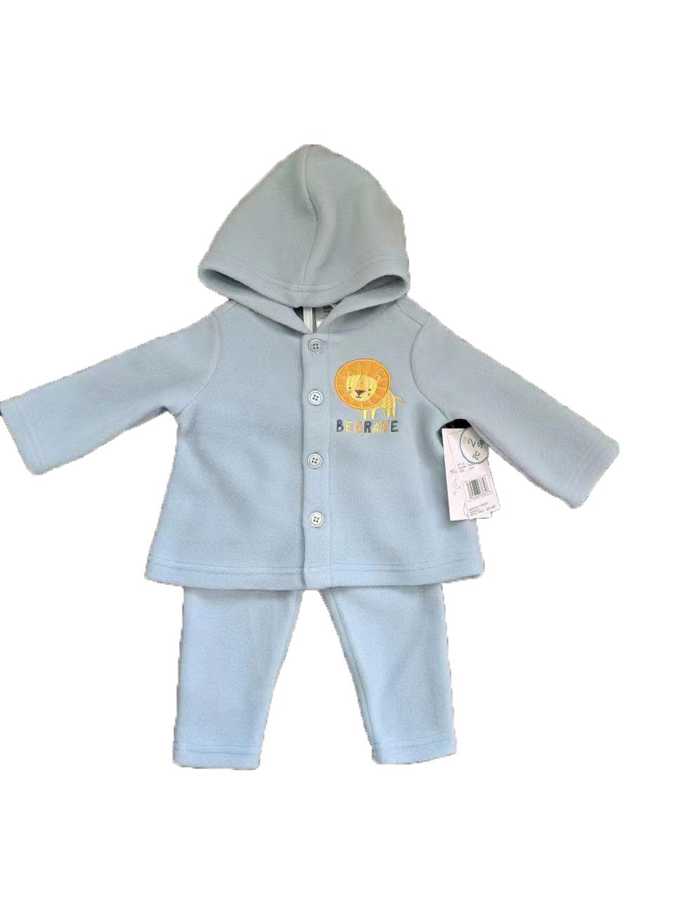2-Piece Hooded Fleece Shirt & Pants w/ Applique Design Print & Sherpa Trim - 0-9M - Embroidered Zoo Animal image