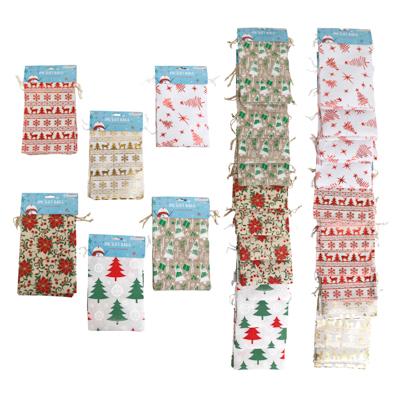 Gift Bag 2pk 7.8x5in Christmas Faux Burlap Prints W/drawstring/6ast On 12pc Mdsg Strip