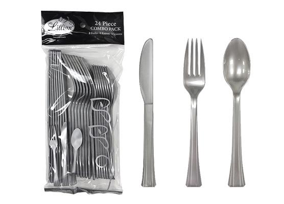 Silver Plastic Cutlery 24 Piece Sets by Lillian - 24-Packs image