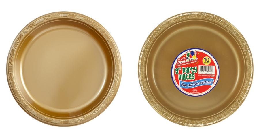 9" Plastic Plates - Gold - 10-Packs - Party Dimensions image