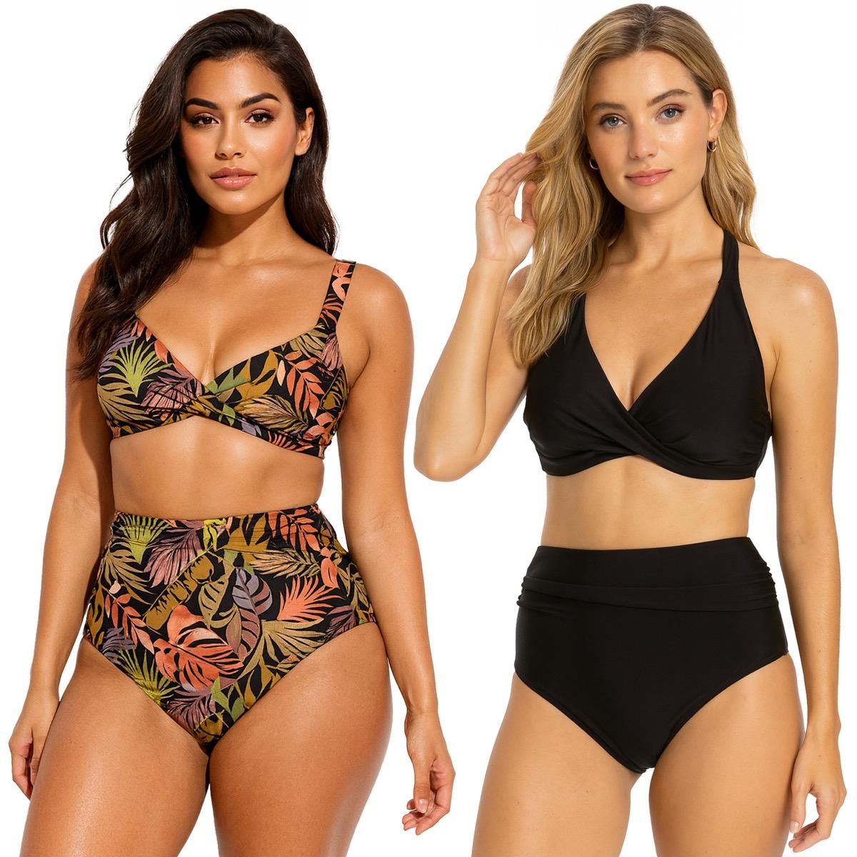 Women's Two-Piece Wrap Front High Waist Bikini Swimsuits - Solid & Tropical Palm Tree Print - Size 4-16 image
