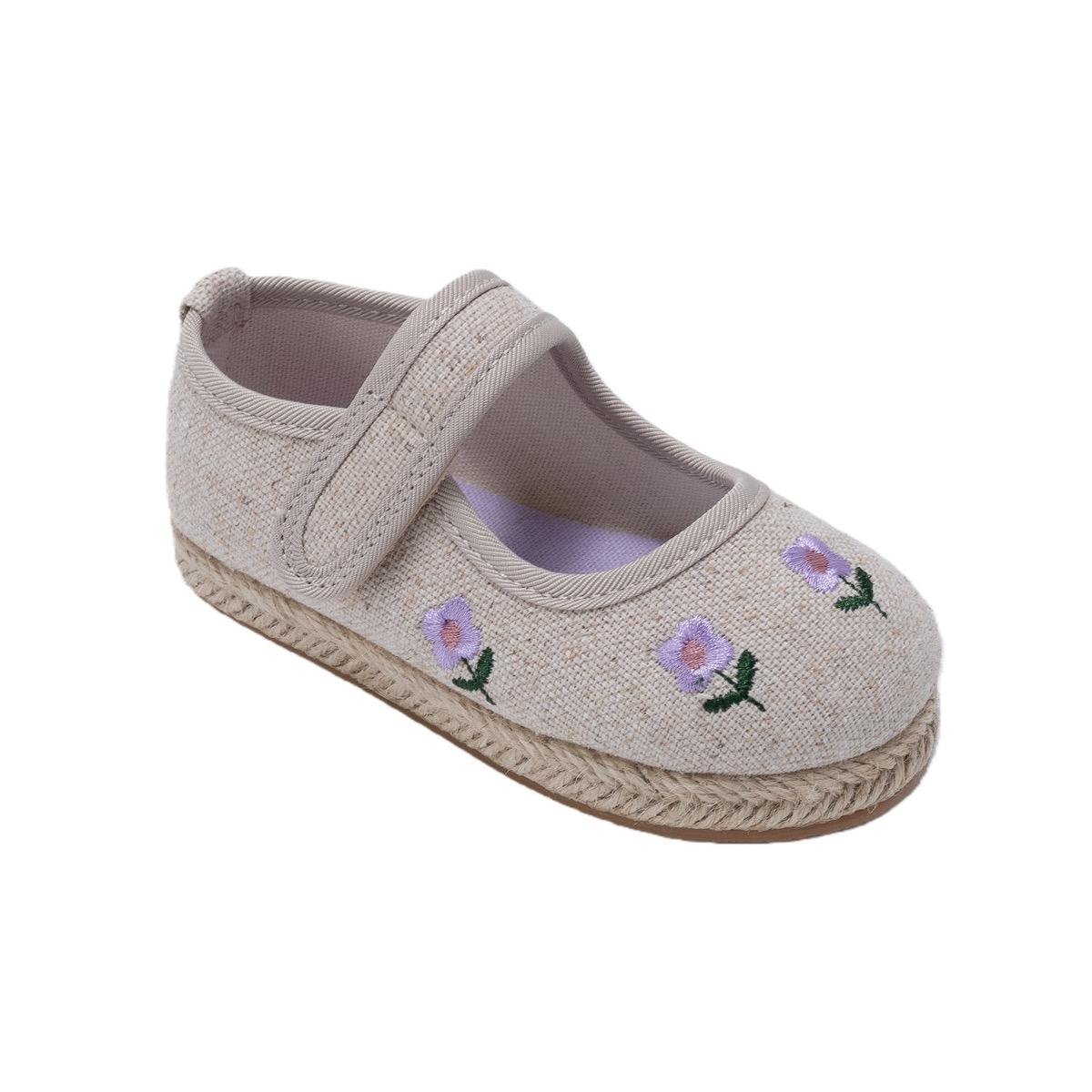 Toddler Girl's Ballet Flats w/ Embroidered Striched Floral Print - Tan image
