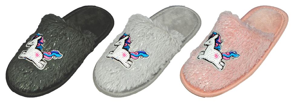 Girl's Mule Bedroom Slippers w/ Sequin Unicorn & Glitter Faux Fur image