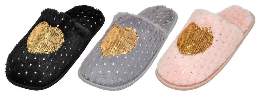 Women's Faux Fur Mule Bedroom Slippers w/ Sequin Hearts & Embroidered Gems image