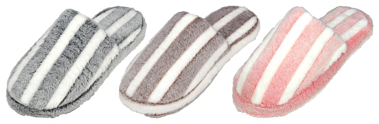 Women's Faux Fur Mule Bedroom Slippers w/ Two Tone Stripes & Soft Footbed image