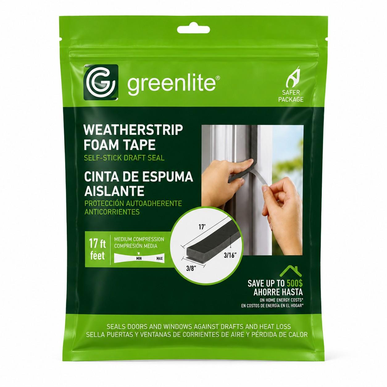 Greenlite Weatherstrip Foam Tape - Self-Stick Draft Seal - 3/8" x 3/16" x 17 ft - Item #9445 image