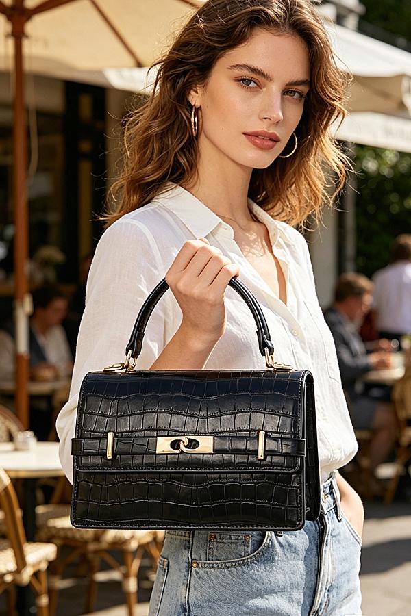 Faux Croc Leather Top Handle Bag image