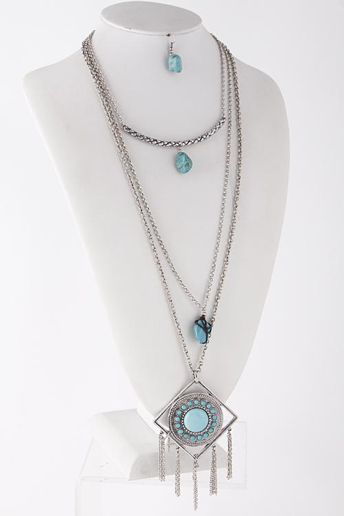 Turquoise Stone Bead Three Layered Necklace 5FAC2 image