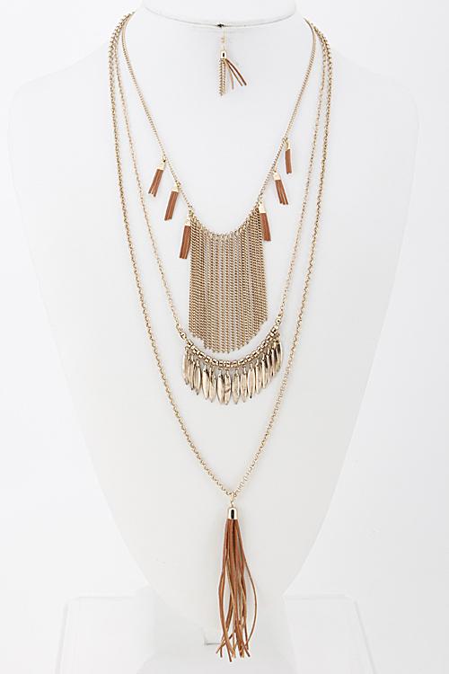 Tribal Layered Necklace Set with Tassel Fringe and Oval Charm Detail 5JCH1 image