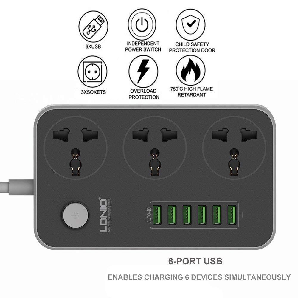 Power Strip 6 USB Port and 3-Outlet Wall Charger Station Surge Protector 10A 2500W with 6.2ft Cord image