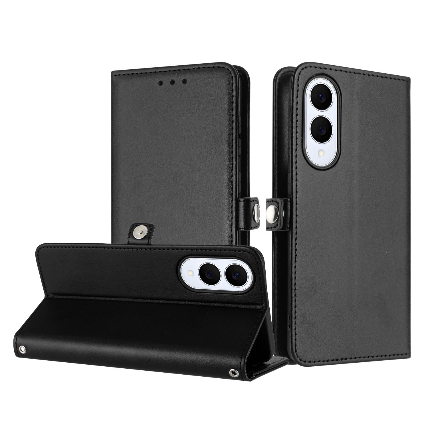 Premium PU Leather Wallet Case with Card Slots & Wrist Strap for Galaxy S25 Edge - Black image