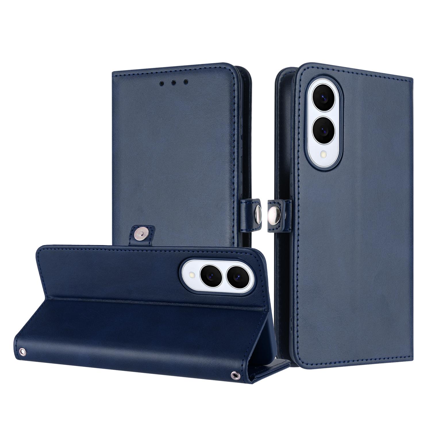Premium Leather Wallet Case for Samsung Galaxy S25 Edge, Card Slots & Wrist Strap - Navy Blue image