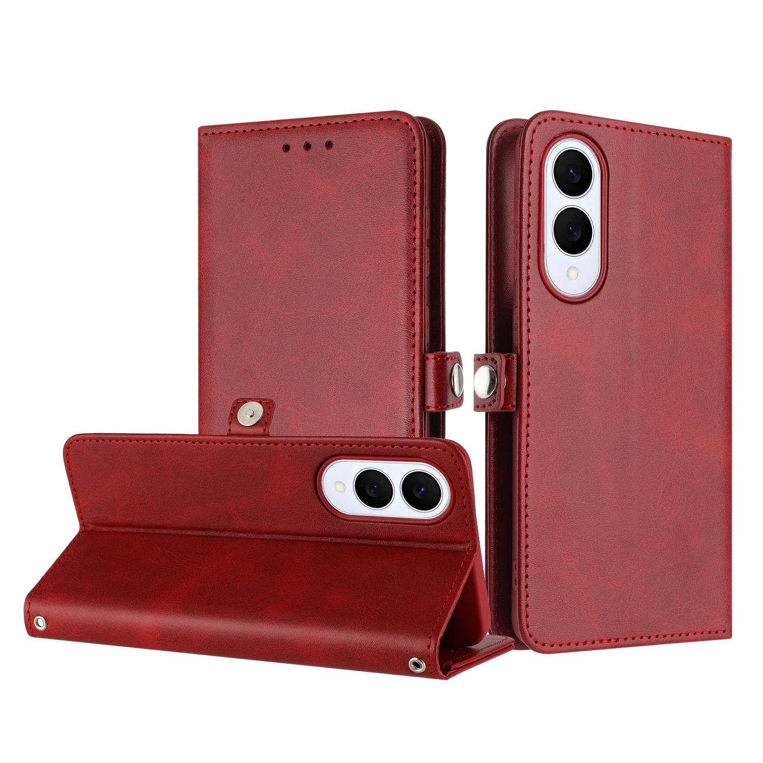Premium PU Leather Wallet Case with Card Slots & Wrist Strap for Galaxy S25 Edge Red image