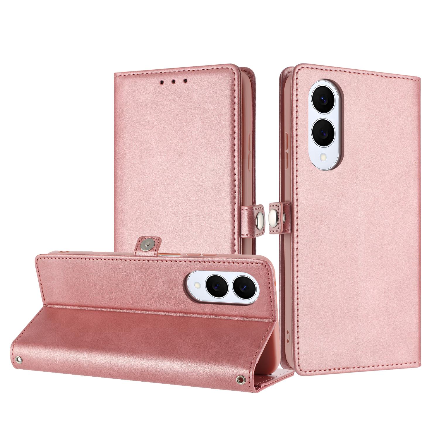 Premium PU Leather Wallet Case with Card Slots & Wrist Strap for Galaxy S25 Edge Rose Gold image