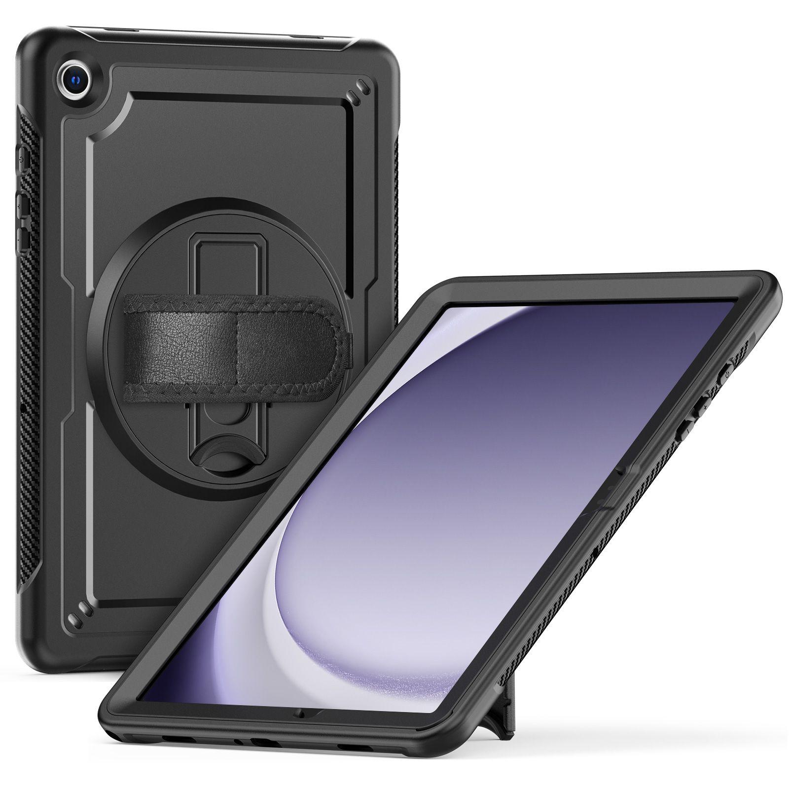 Heavy Duty 3-Layer Galaxy Tab A9 Plus Case with 360° Rotating Stand & Hand Strap, Black image
