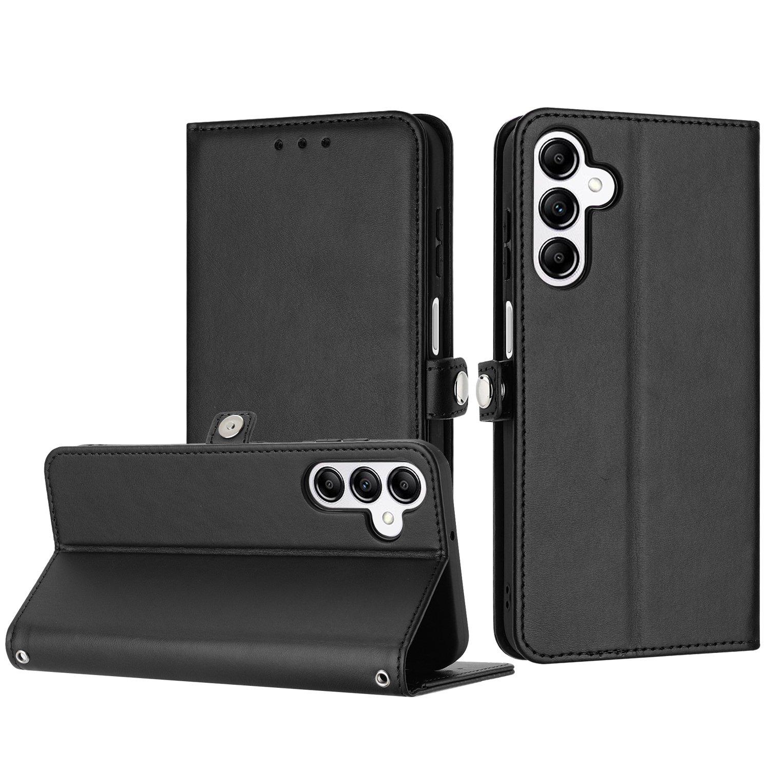 Samsung Galaxy A15 / A25 5G Leather Wallet Case: Card Slots, Wrist Strap, Black PU Folio Cover image