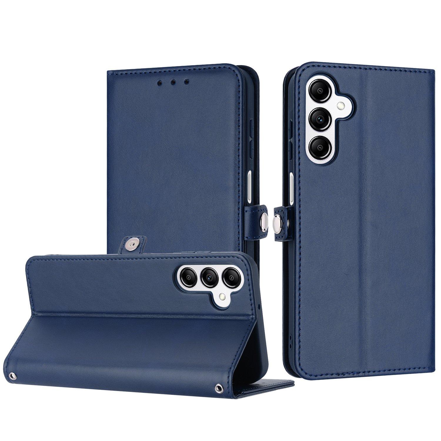 Galaxy A15 / A25 5G Leather Wallet Case: Navy Blue Folio Cover with Card Slots & Wrist Strap image