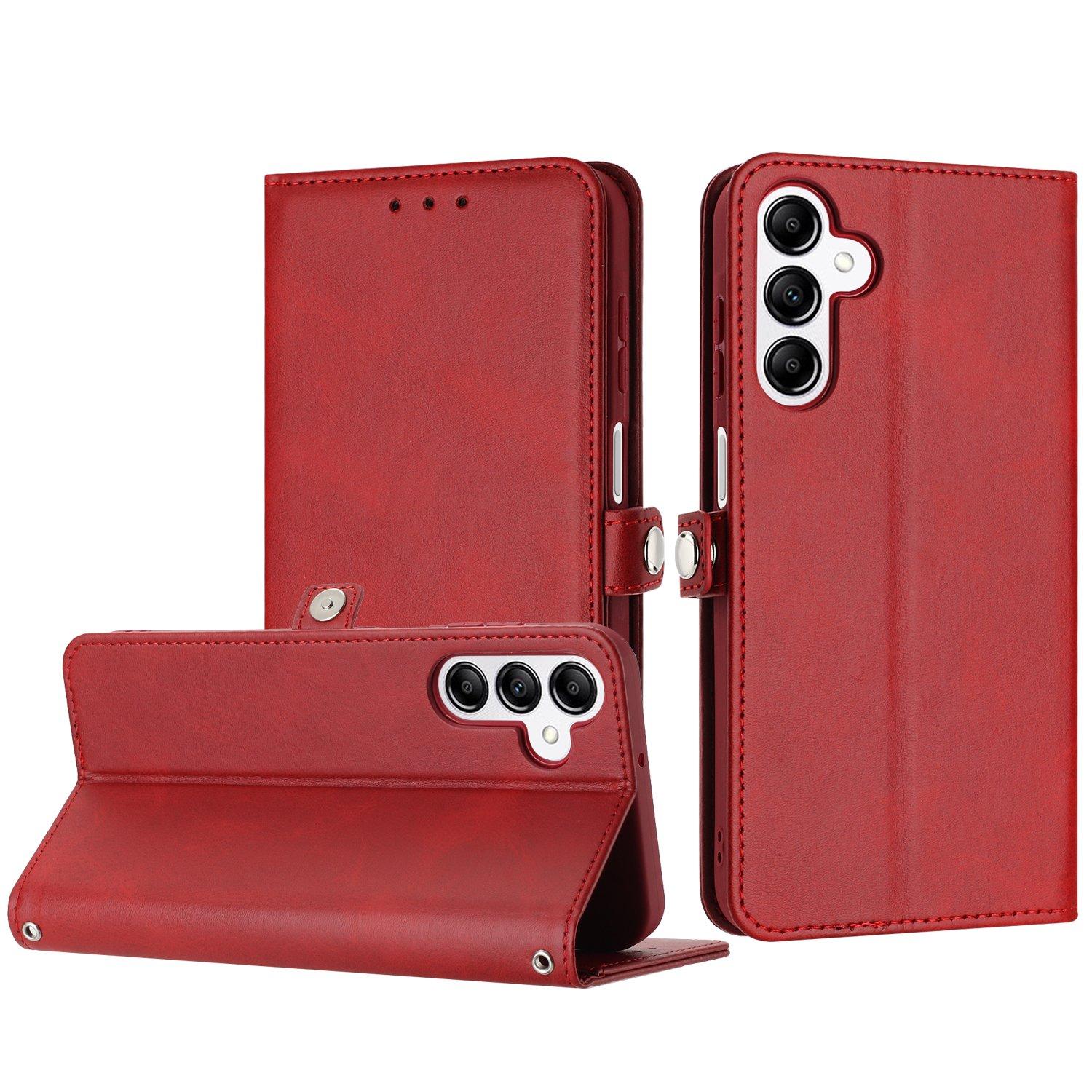 Galaxy A15 / A25 5G Leather Wallet Case: Card Slots, Wrist Strap, Red PU Cover for Samsung Phone image