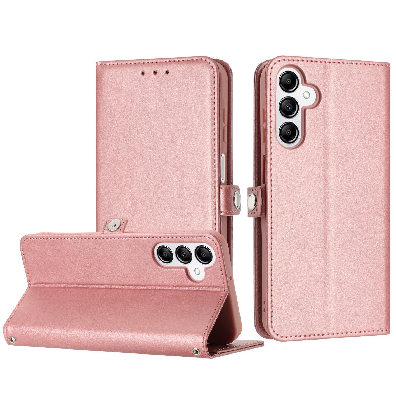 Galaxy A15 / A25 5G Leather Wallet Case: Card Slots, Wrist Strap, Rose Gold PU Folio Cover image