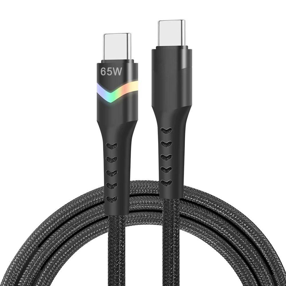 65W Fast Charging 3FT USB-C Cable, LED Light, Nylon Braided, Black image