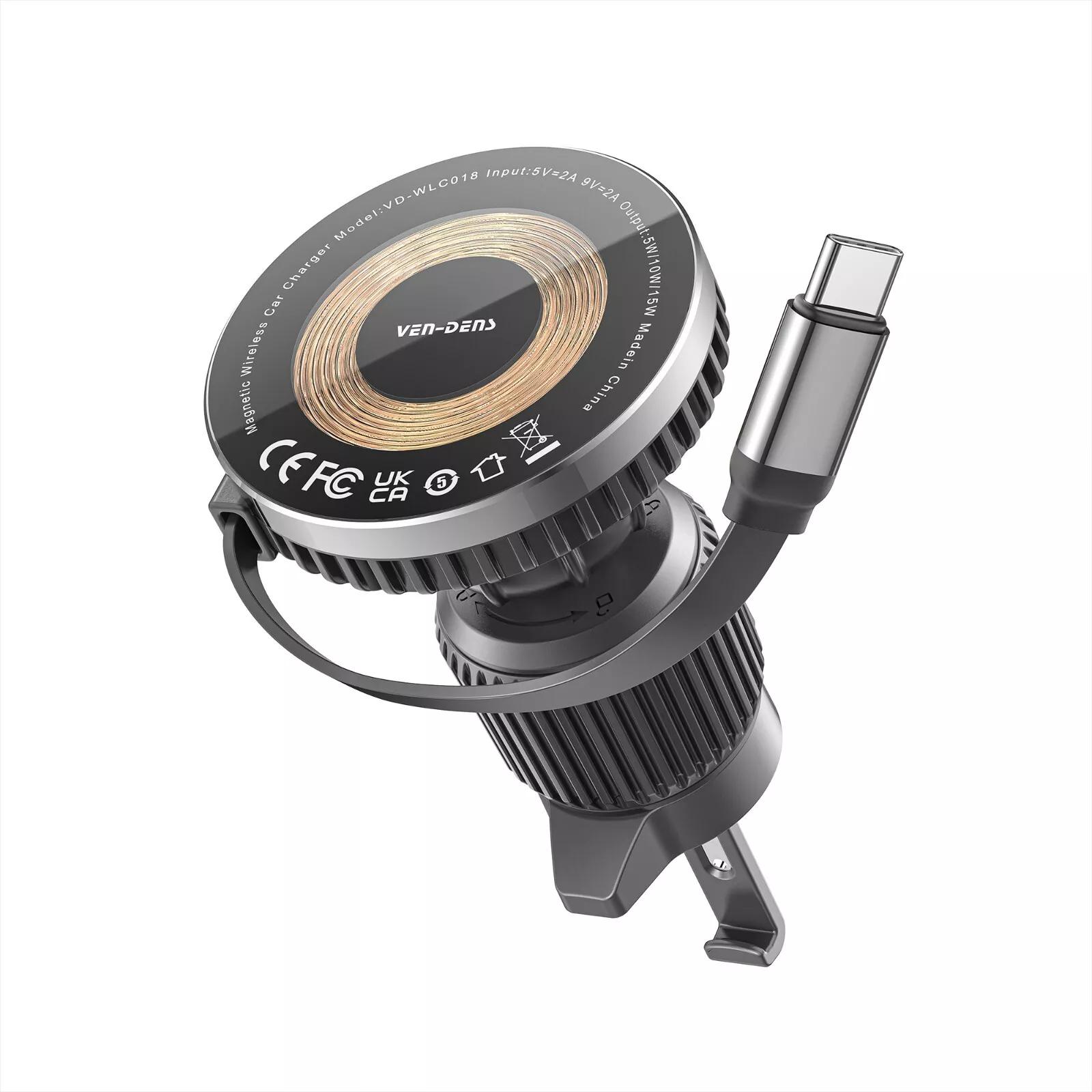 15W Magnetic Fast Wireless Car Charger Mount Auto-Retractable USB-C Phone Holder Black image