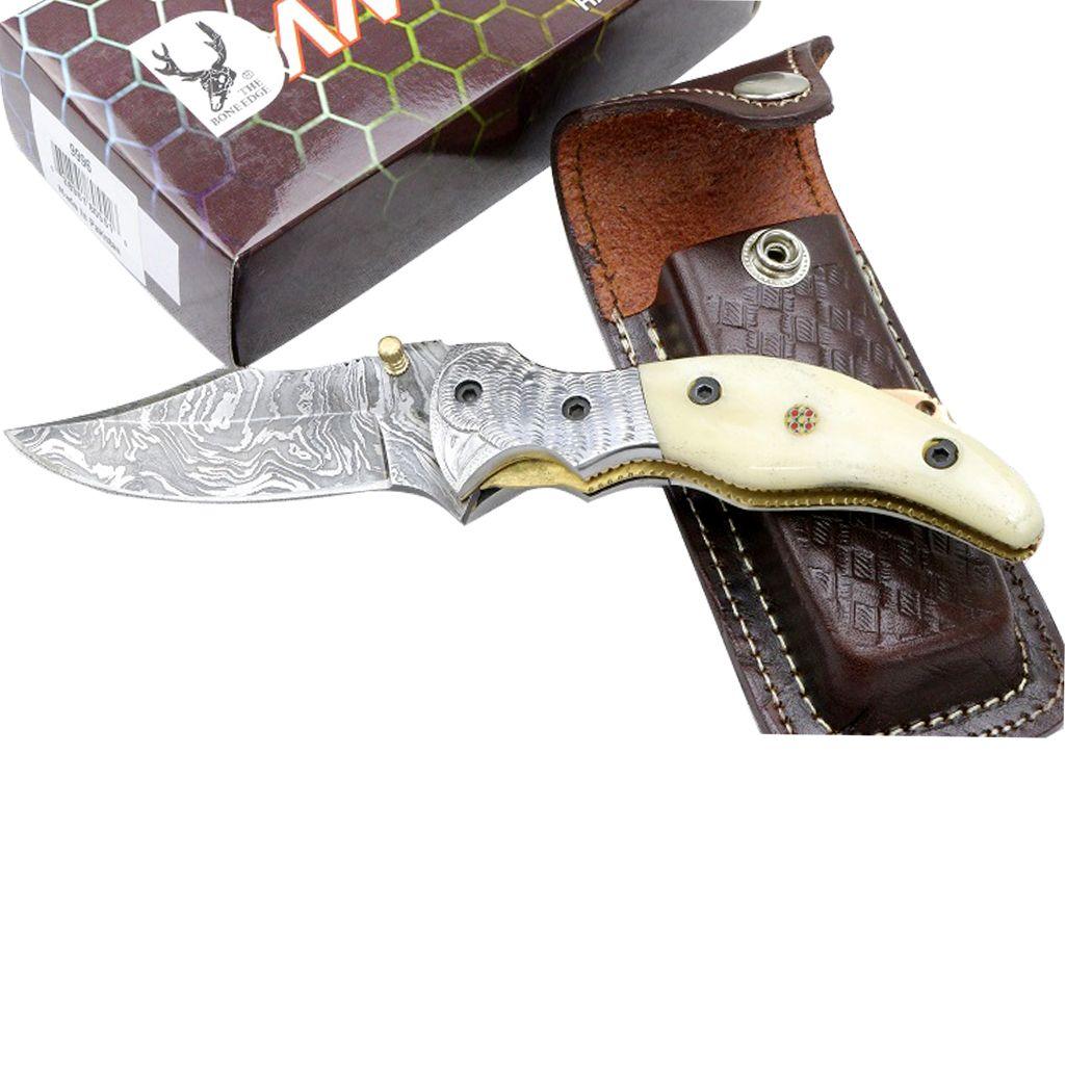 TheBoneEdge 7.5 Inch Damascus Blade Folding Knife Horn Handle Handmade with Sheath 9996