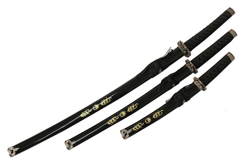 3 Pc Black Ying Yang symbol Wholesale Sword Set