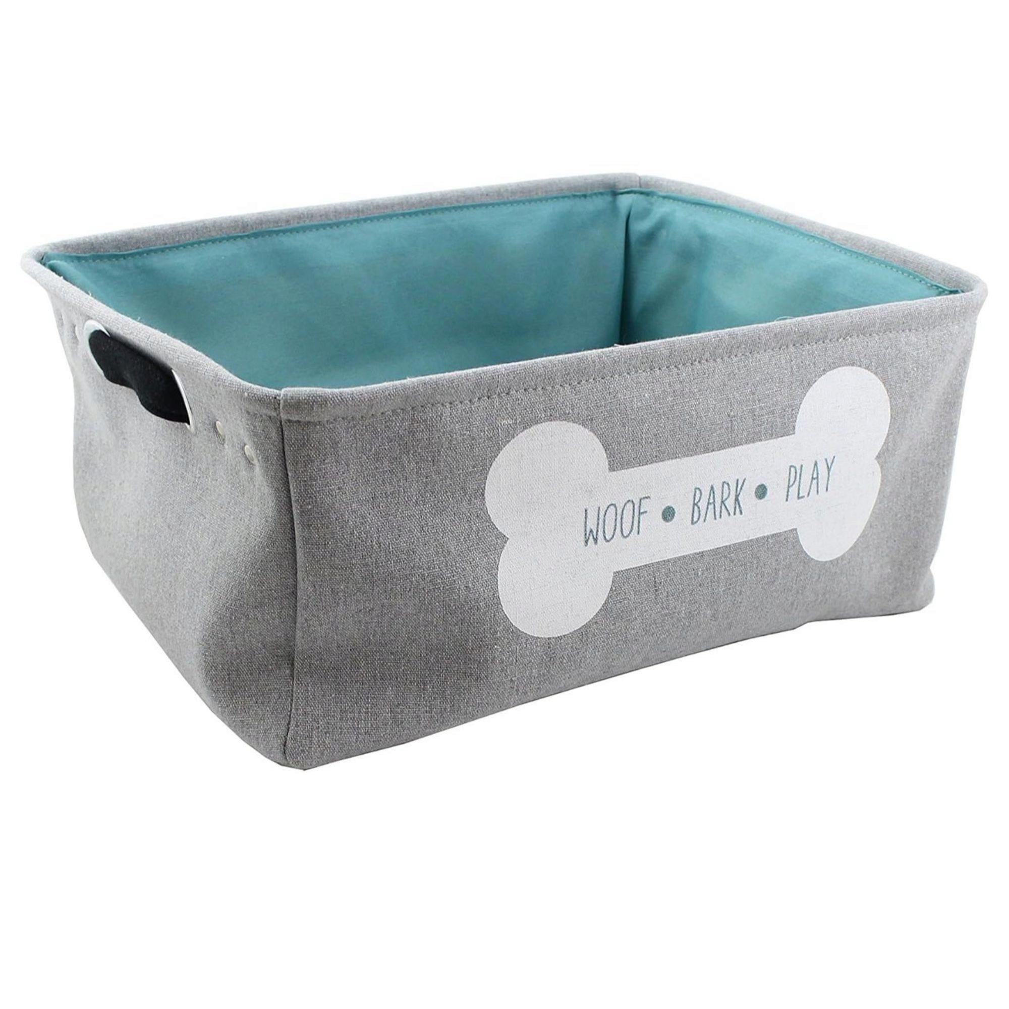 Winifred and Lily 17"x13" Grey with Teal Inside Linen Rectangular Pet Storage Bin with Woof Bark Play message inside White Bone image