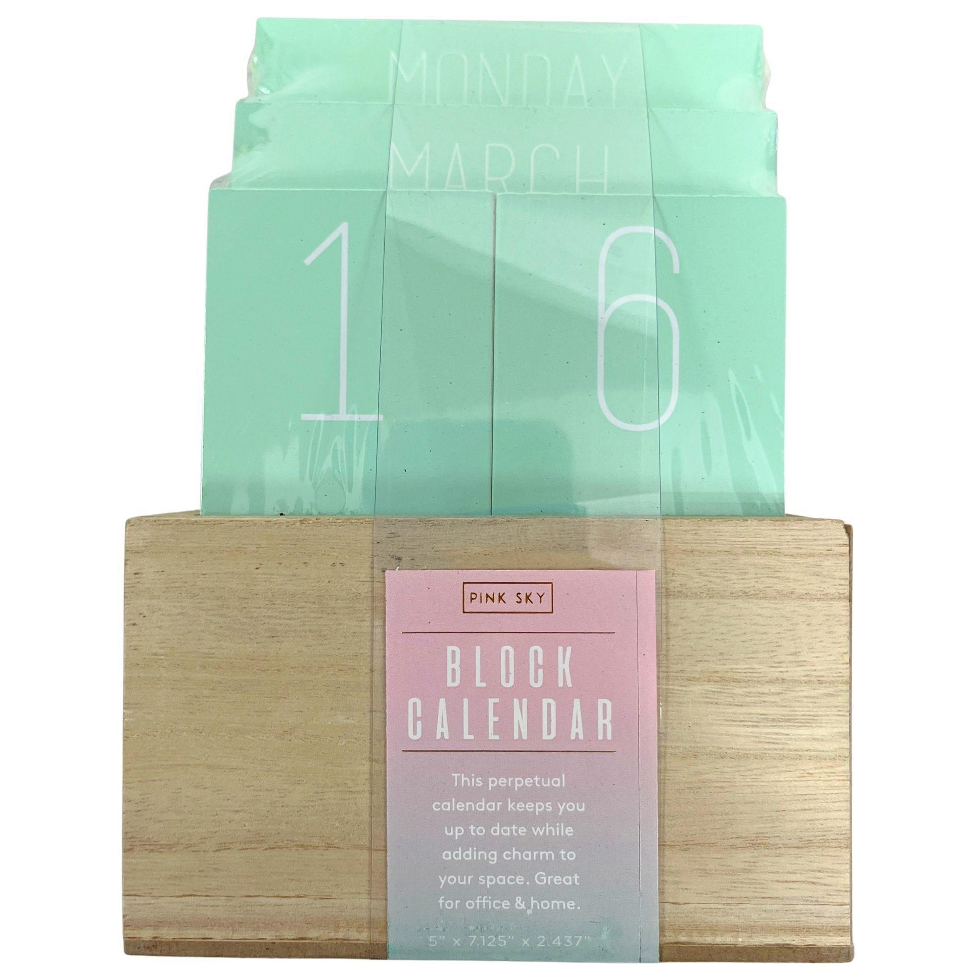 Pink Sky Retro Perpetual Wood Block Calendar w/ Light Blue & Natural Finish Design image