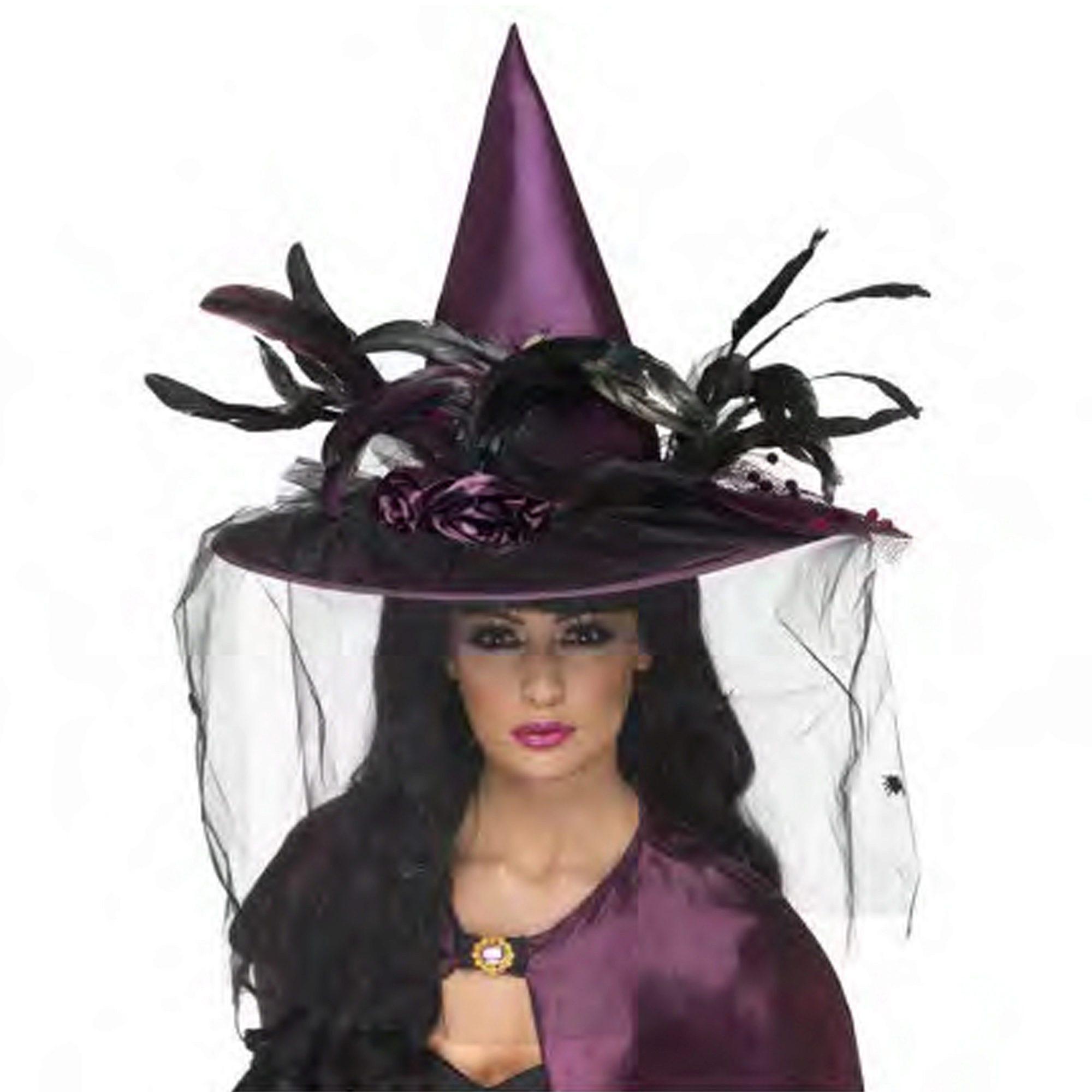 Purple Witch Hat with Roses, Feathers and Spider Veil image