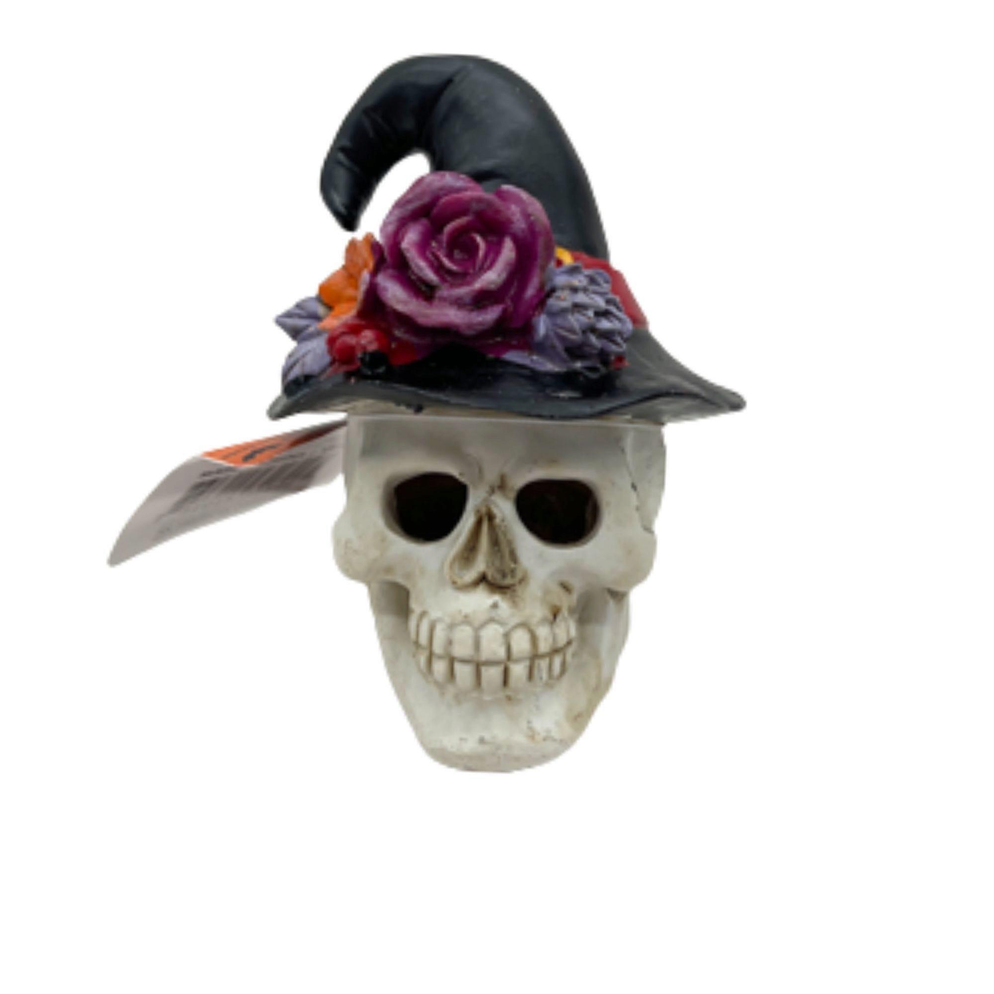 Resin Skull with Witch Hat and Floral Tabletop Decor image
