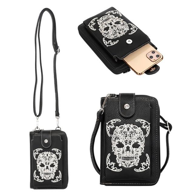 Montana West Sugar Skull Collection Phone Wallet Purse/Crossbody - Black & White image