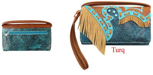 Tooled Western Wallet With Fringes - Turquoise image