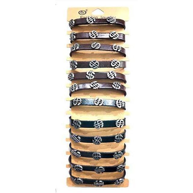 Dollar Sign Faux Leather Bracelets - Black & Brown image
