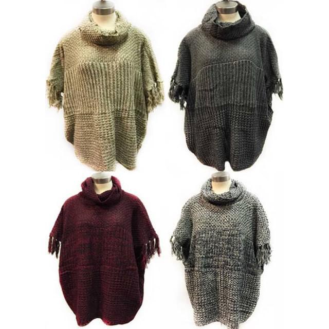 Solid Color Knitted Winter Ponchos With Fringe Sleeves - Assorted image