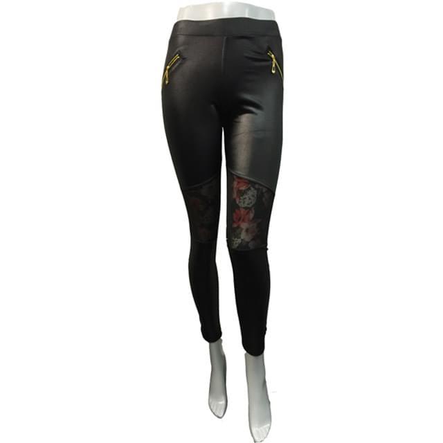 Floral Print Faux Leather Leggings With Zipper Pockets image
