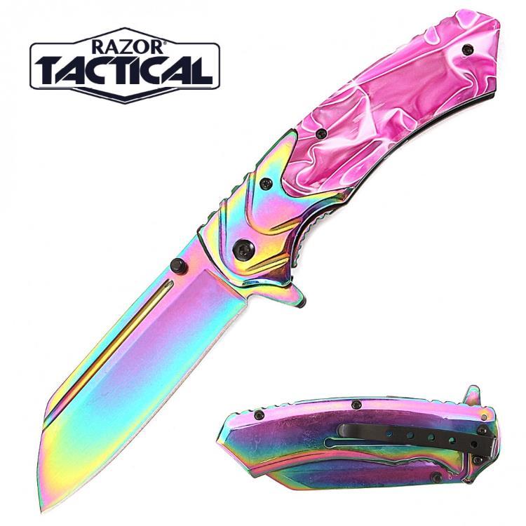 Rainbow Blade Titanium Coated Spring-Assisted Knife - Pink Pearl Handle image