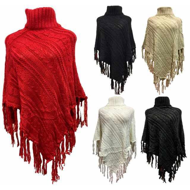Solid Color Knitted Winter Ponchos With Fringes - Assorted image