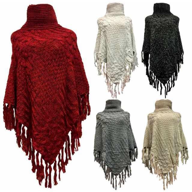 Solid Color Knitted Ponchos With Fringes - Assorted image