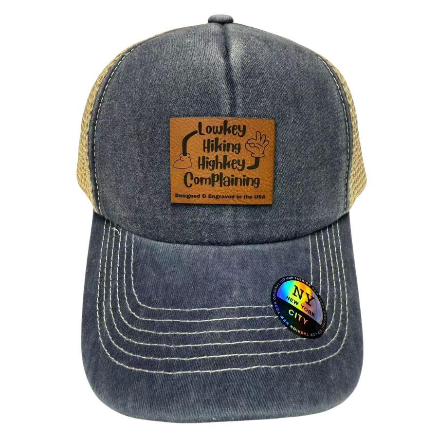 Wholesale Custom Laser Engrave Leatherette Patch Hat Lowkey Hiking Highkey Complaining image