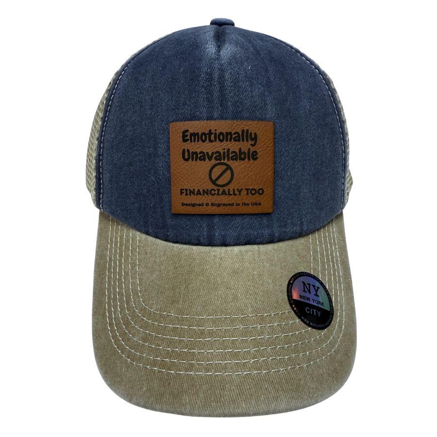 Wholesale Custom Laser Engrave Leatherette Patch Hat Emotionally Unavailable Financially Too image
