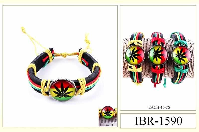 Rasta Color Marijuana Leaf Faux Leather Bracelets - Assorted image