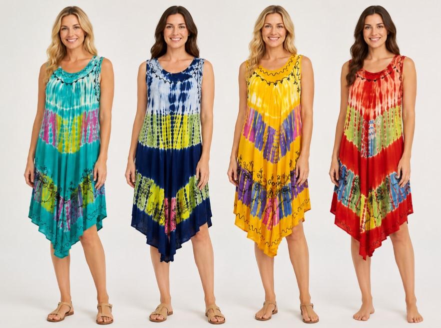 Multicolor Rayon Tie Dye Plus Size Umbrella Dresses - Assorted image