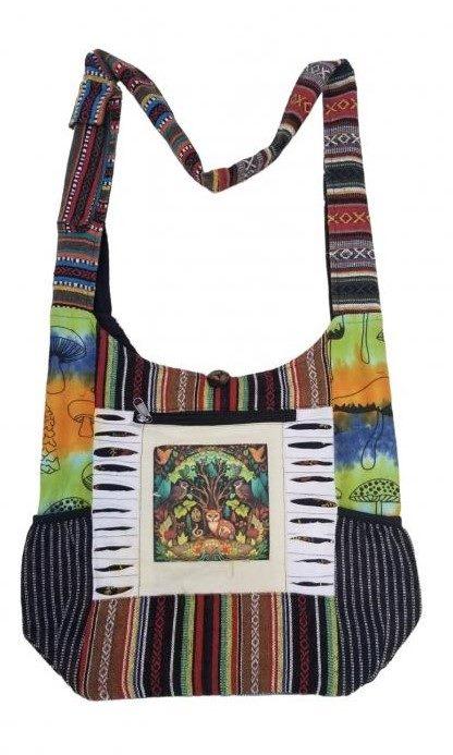 Nepal Handmade Cotton Sling Bags With Side Pocket - Mushroom Tree Of Life & Birds image