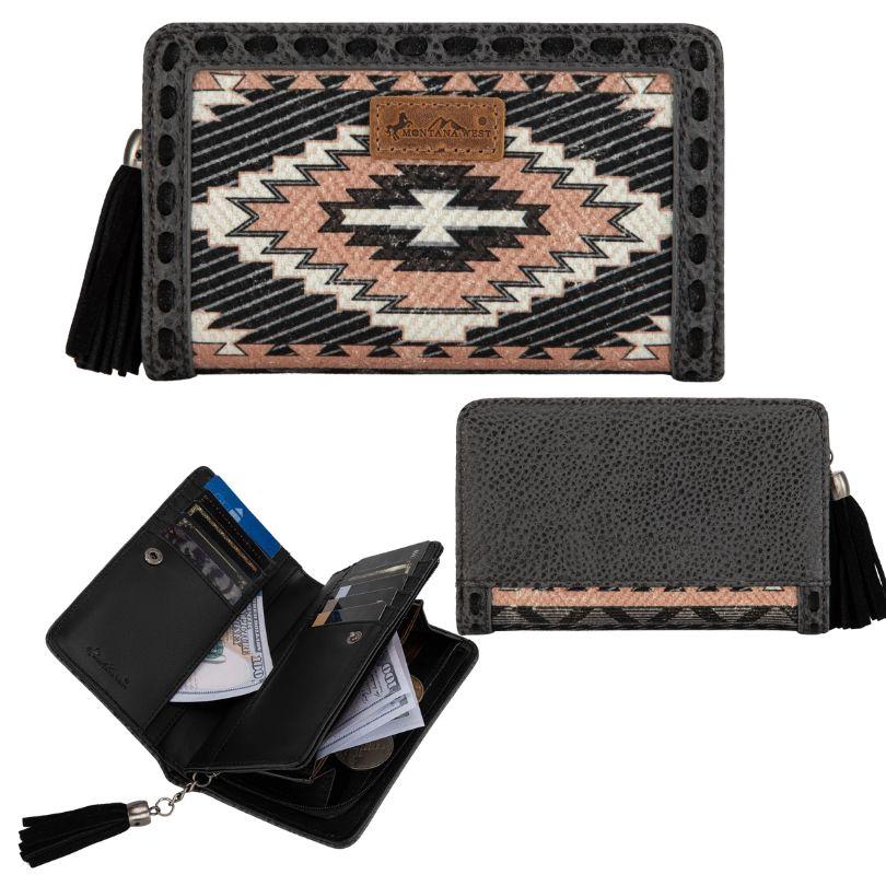 Montana West Aztect Style Tooled Denim Bi-Fold Wallet - Black image