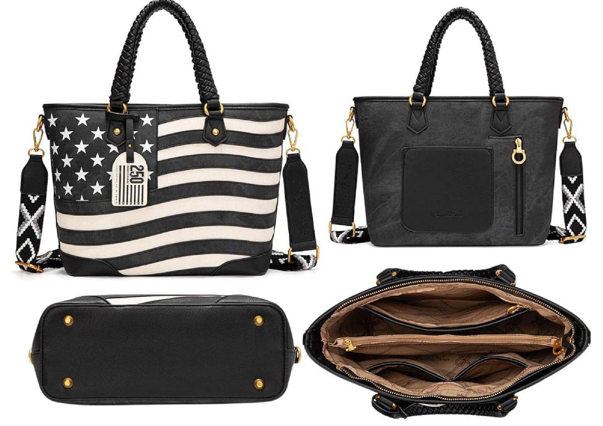 Montana West American Flag Braided Concealed Carry Vintage Patriotic Western Tote Shoulder Purse-Black image