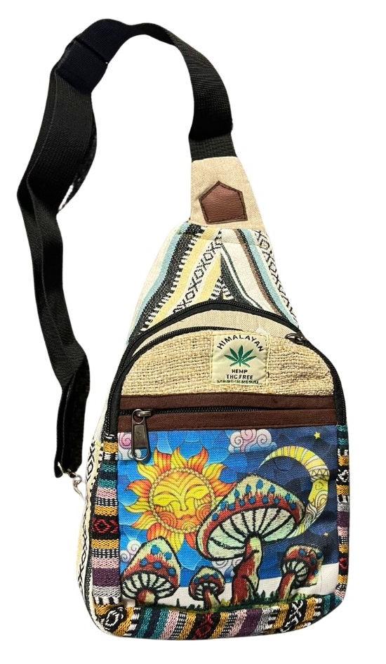 Himalayan Hemp Nepal Handmade Crossbody Backpacks - Sun, Moon, & Mushrooms Design image