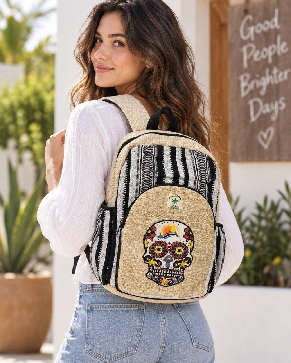Himalayan Hemp Sugar Skull Backpack - Boho Woven Nepal Backpack image